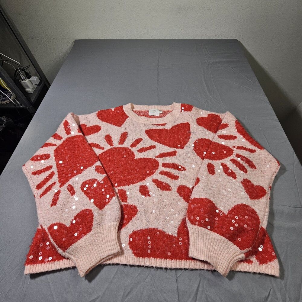 Luna Ivy Pink and Red Hearts Sequin Crew Neck Sweater Size S